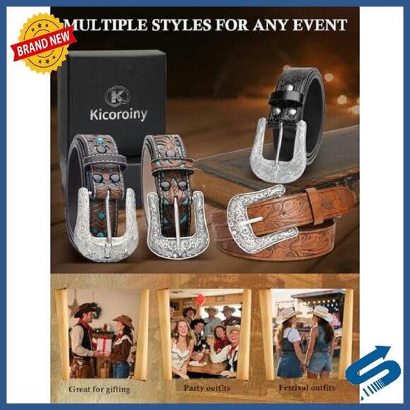 Western Belt with Carved Buckle, PU Leather, 9 Holes, Unisex